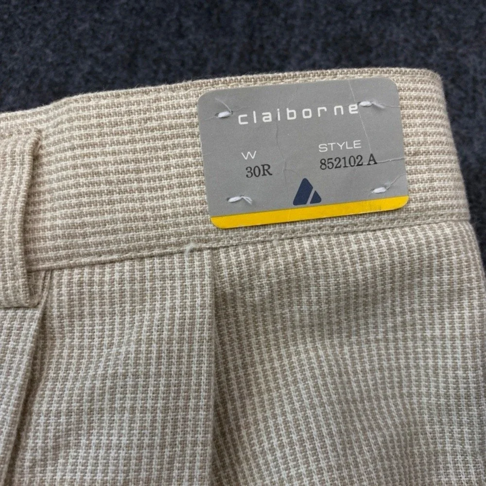 NWT VTG Claiborne Dress Pants Men 30R Beige Micro Check Pleated Cuffed Cotton